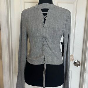 Almost Famous Gray Ribbed Lace-Up Long Sleeve Top